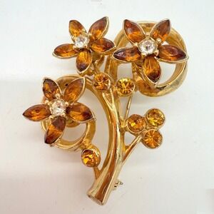 Vintage Amber Rhinestone Floral Brooch Gold Tone Mid Century Flower Pin